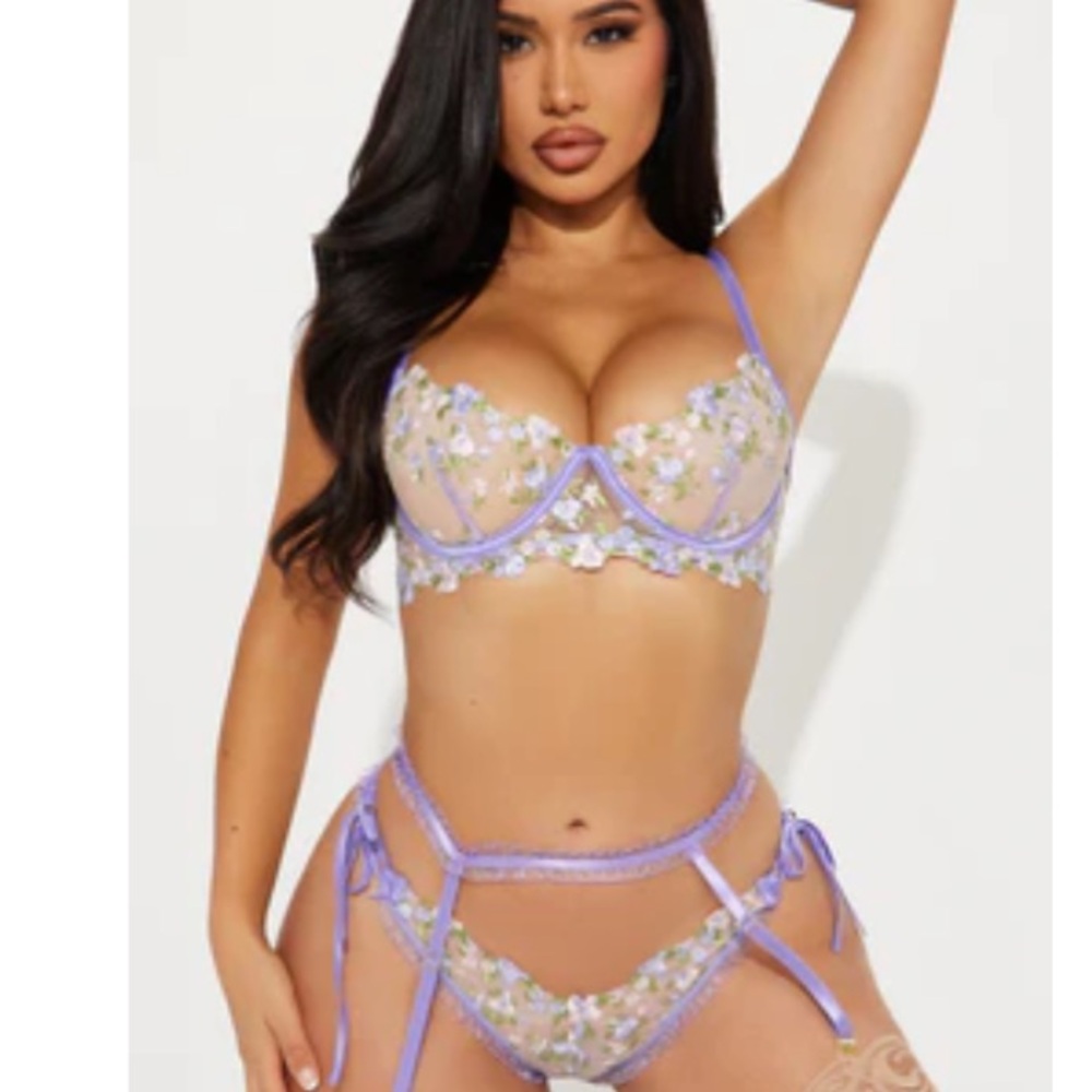 Lavender Floral Lace 3 piece Lingerie Set